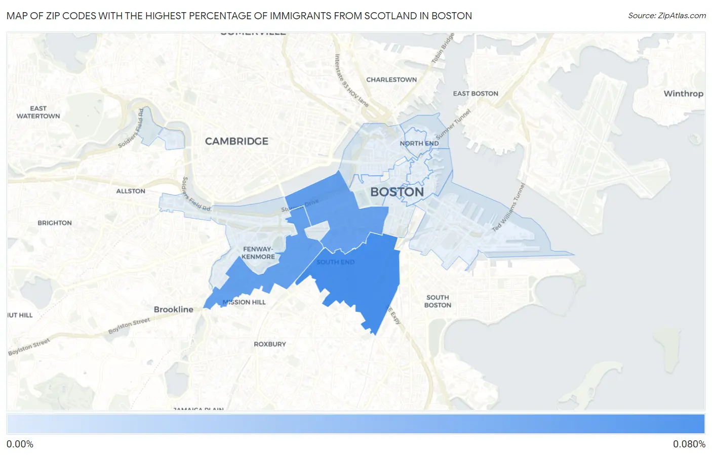 Zip Codes with the Highest Percentage of Immigrants from Scotland in Boston Map