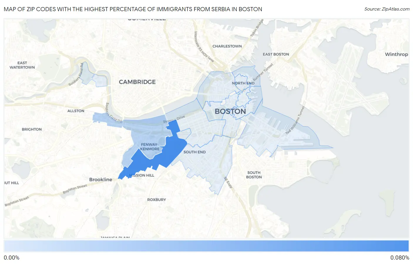 Zip Codes with the Highest Percentage of Immigrants from Serbia in Boston Map