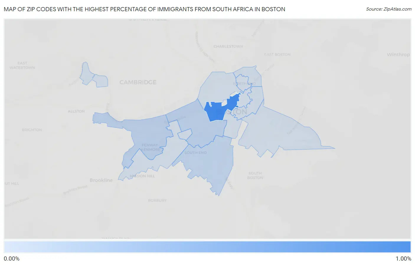 Zip Codes with the Highest Percentage of Immigrants from South Africa in Boston Map