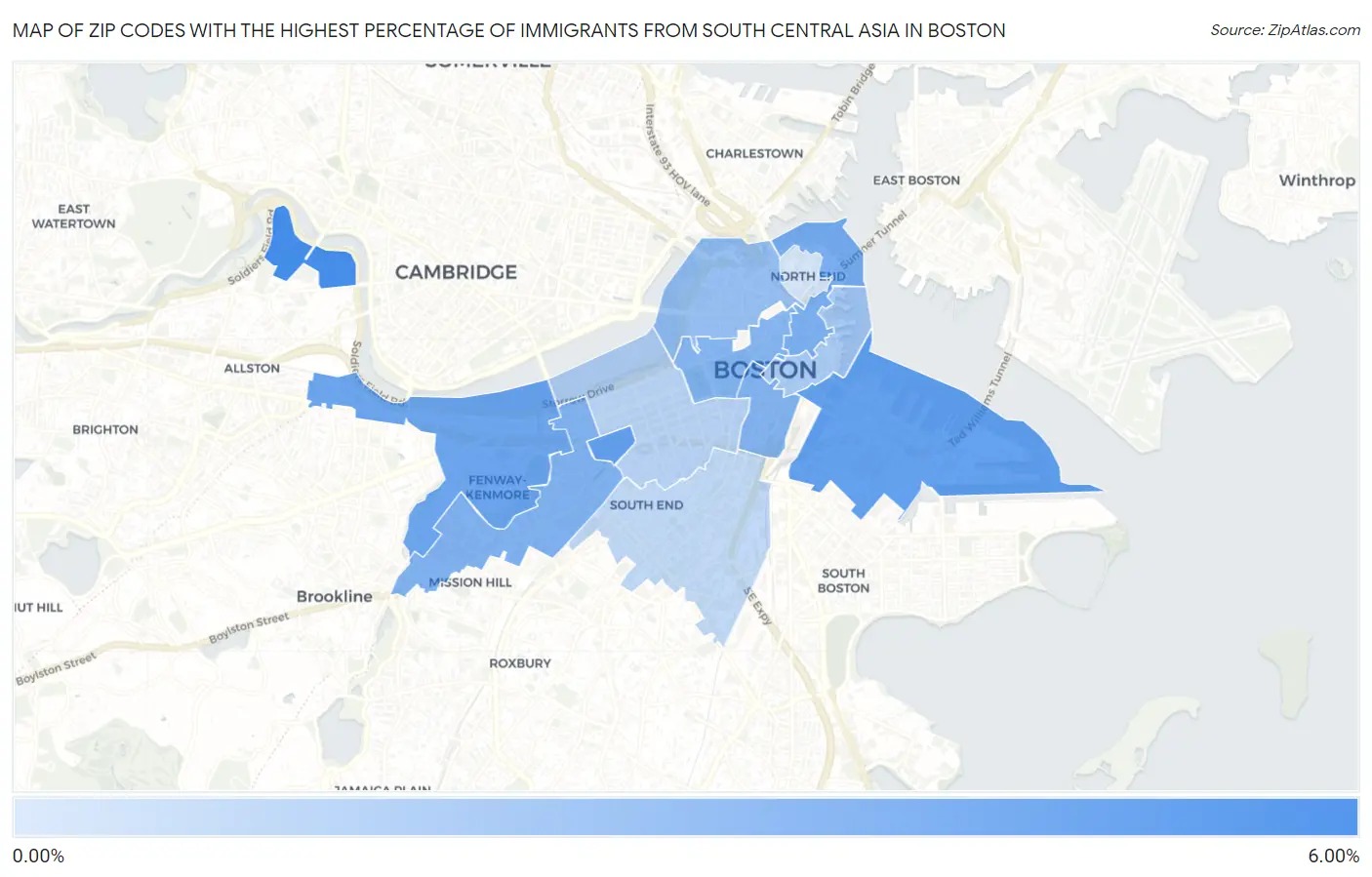 Zip Codes with the Highest Percentage of Immigrants from South Central Asia in Boston Map