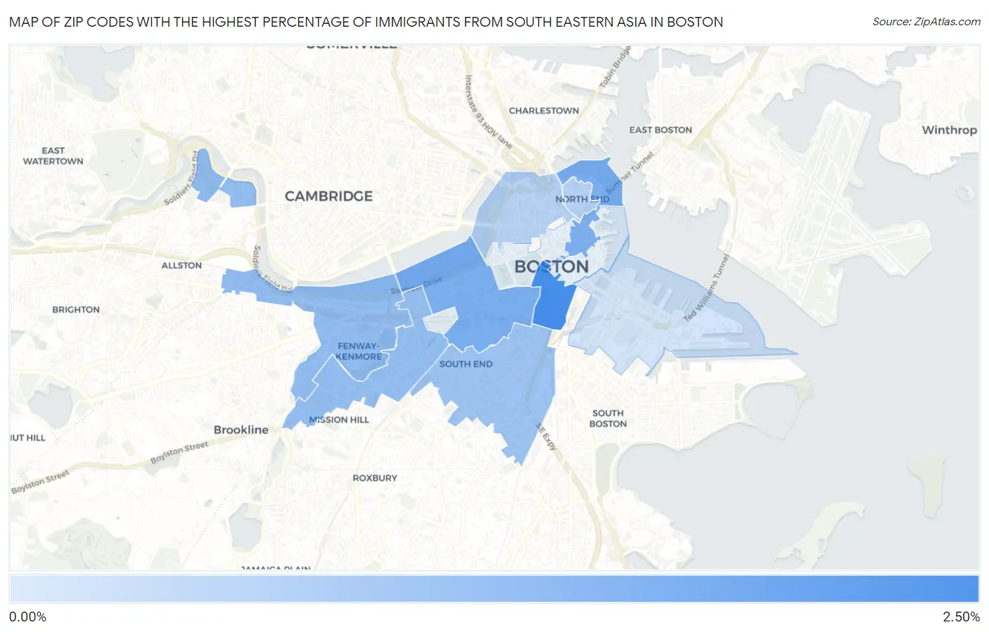 Zip Codes with the Highest Percentage of Immigrants from South Eastern Asia in Boston Map