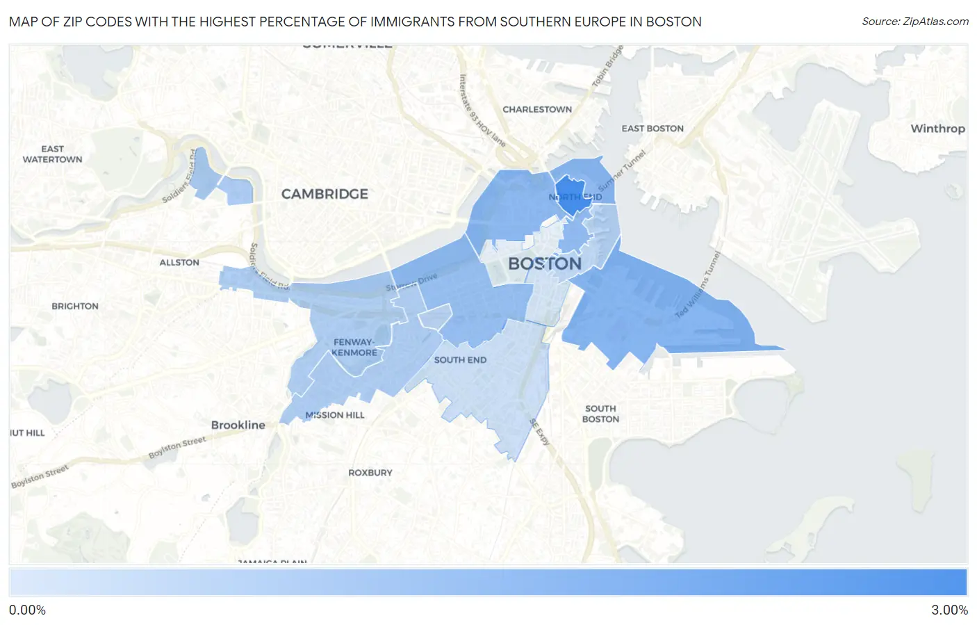 Zip Codes with the Highest Percentage of Immigrants from Southern Europe in Boston Map