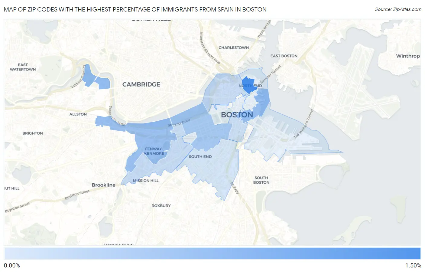 Zip Codes with the Highest Percentage of Immigrants from Spain in Boston Map