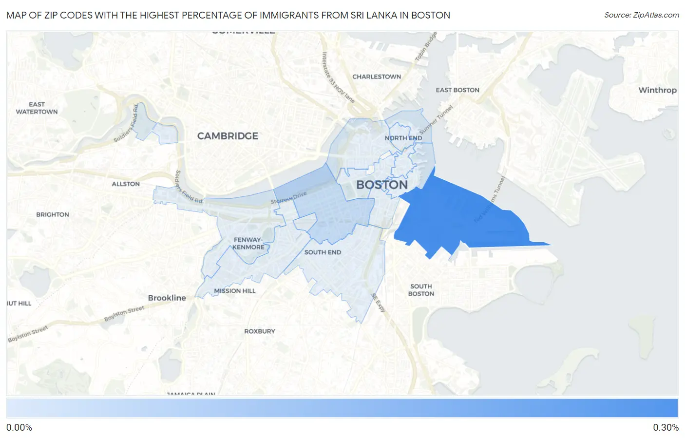 Zip Codes with the Highest Percentage of Immigrants from Sri Lanka in Boston Map