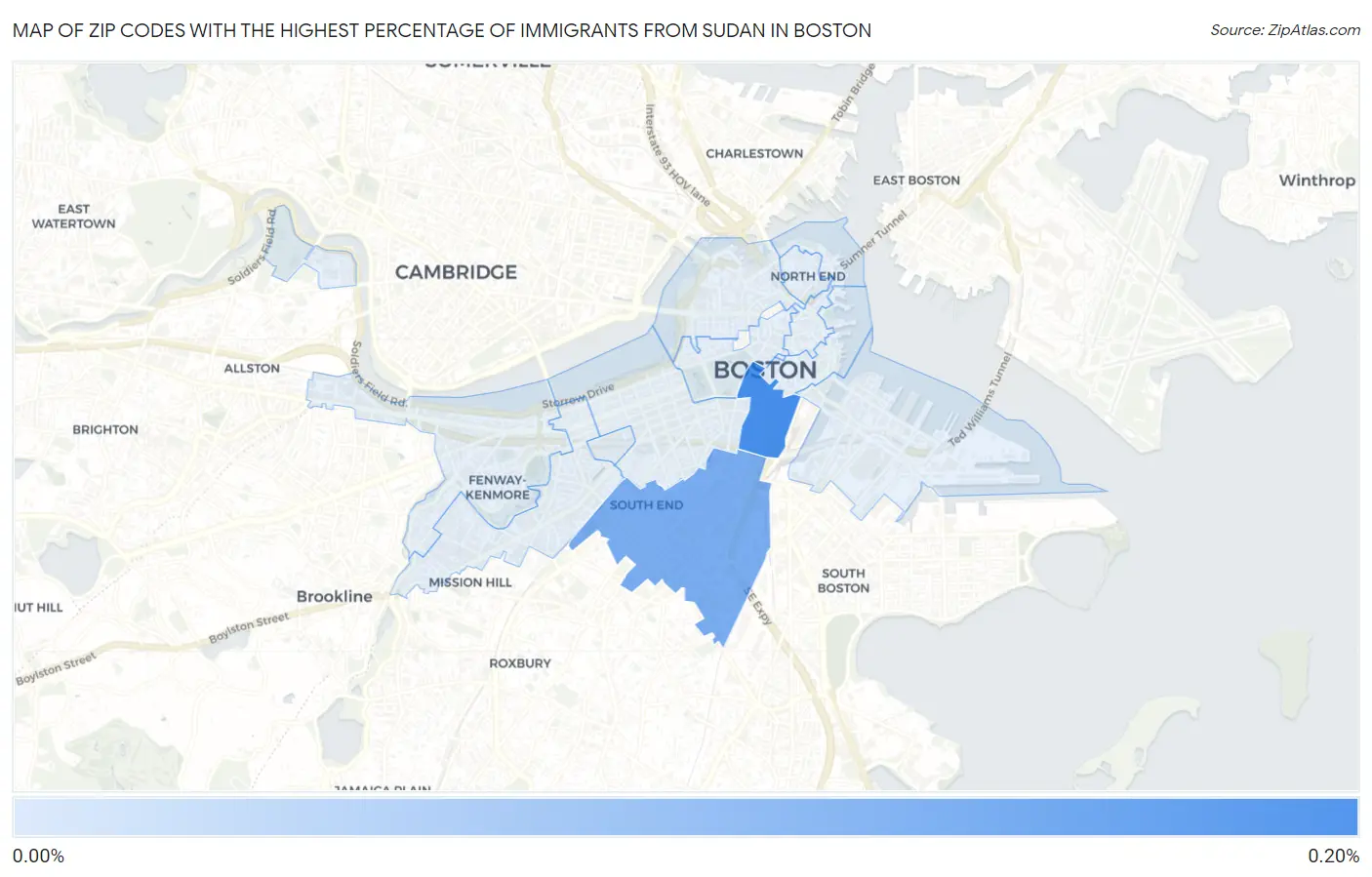 Zip Codes with the Highest Percentage of Immigrants from Sudan in Boston Map