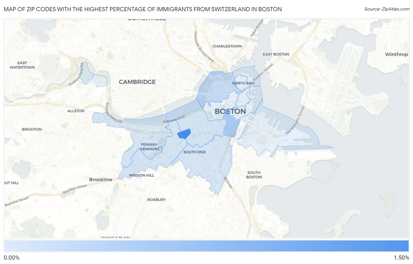Zip Codes with the Highest Percentage of Immigrants from Switzerland in Boston Map