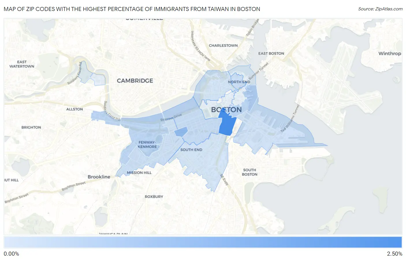 Zip Codes with the Highest Percentage of Immigrants from Taiwan in Boston Map