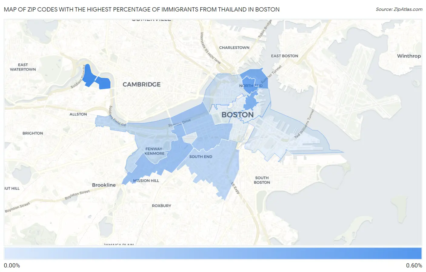 Zip Codes with the Highest Percentage of Immigrants from Thailand in Boston Map