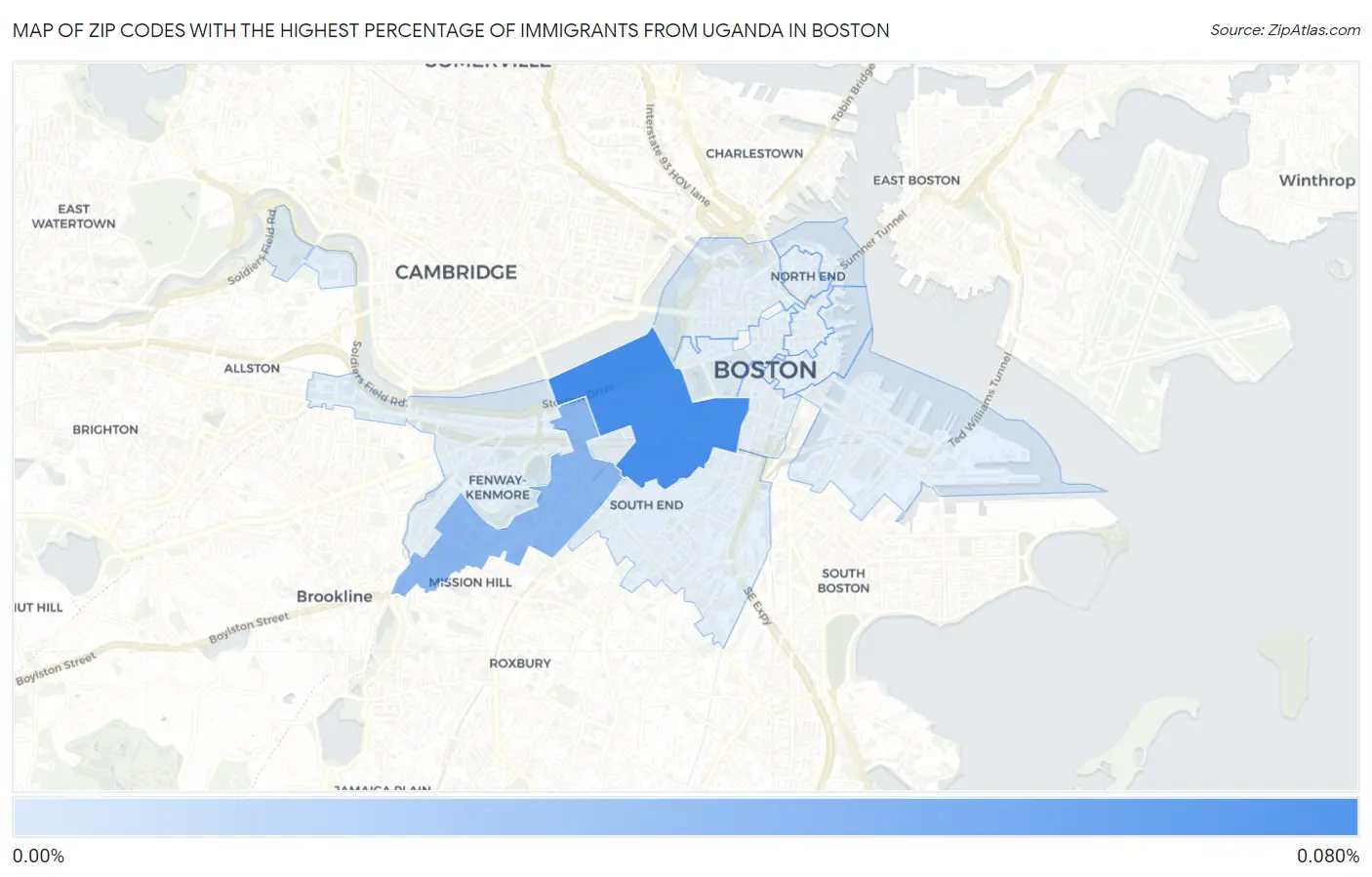 Zip Codes with the Highest Percentage of Immigrants from Uganda in Boston Map