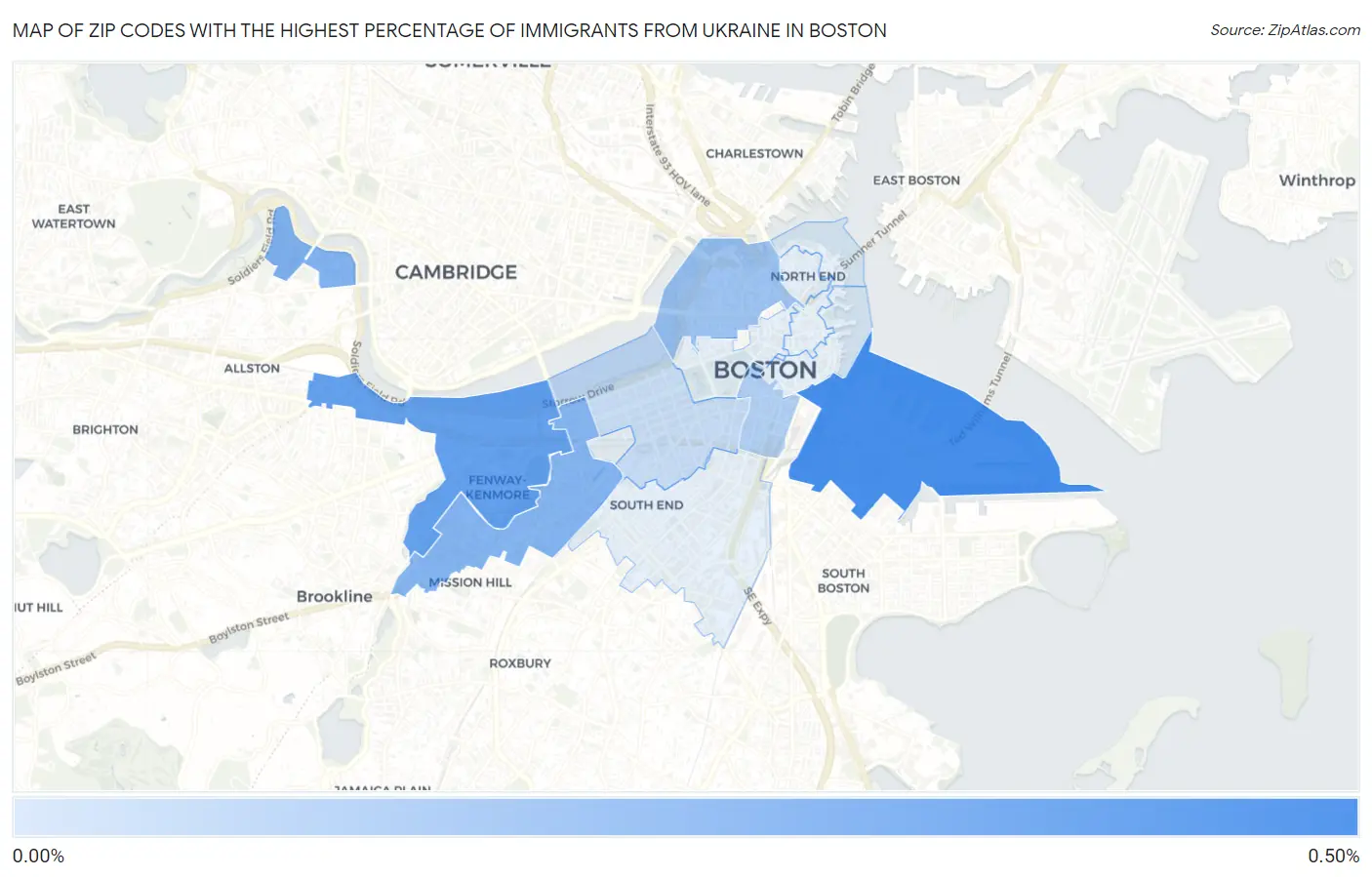 Zip Codes with the Highest Percentage of Immigrants from Ukraine in Boston Map
