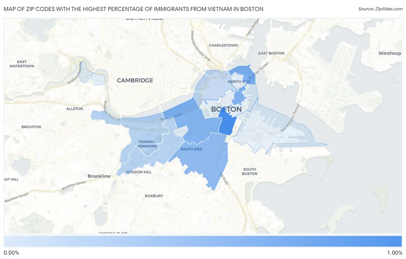 Zip Codes with the Highest Percentage of Immigrants from Vietnam in Boston Map