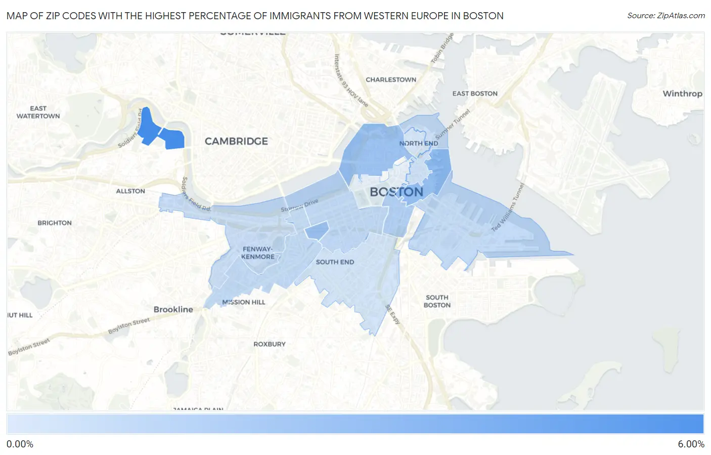 Zip Codes with the Highest Percentage of Immigrants from Western Europe in Boston Map