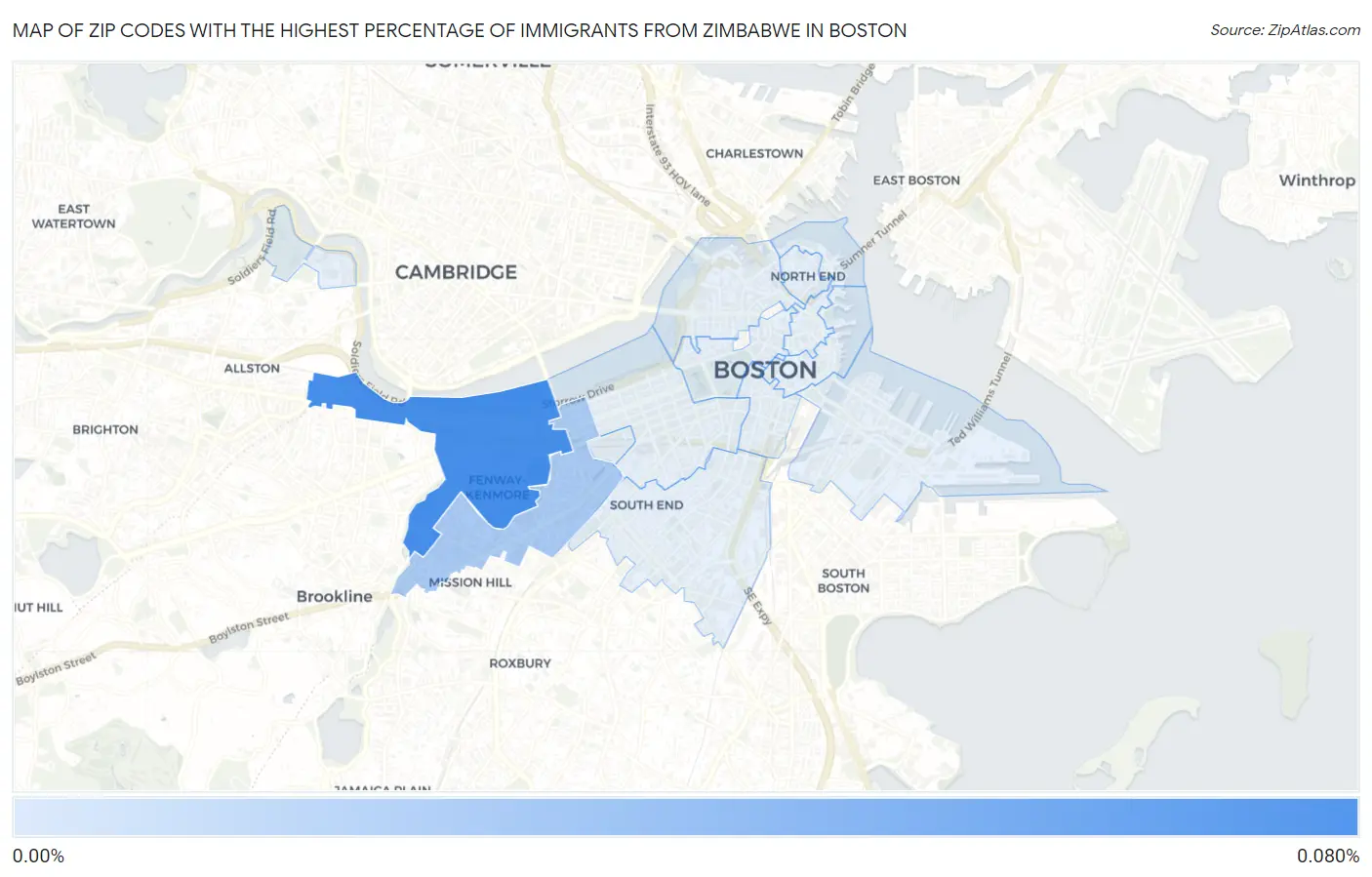 Zip Codes with the Highest Percentage of Immigrants from Zimbabwe in Boston Map