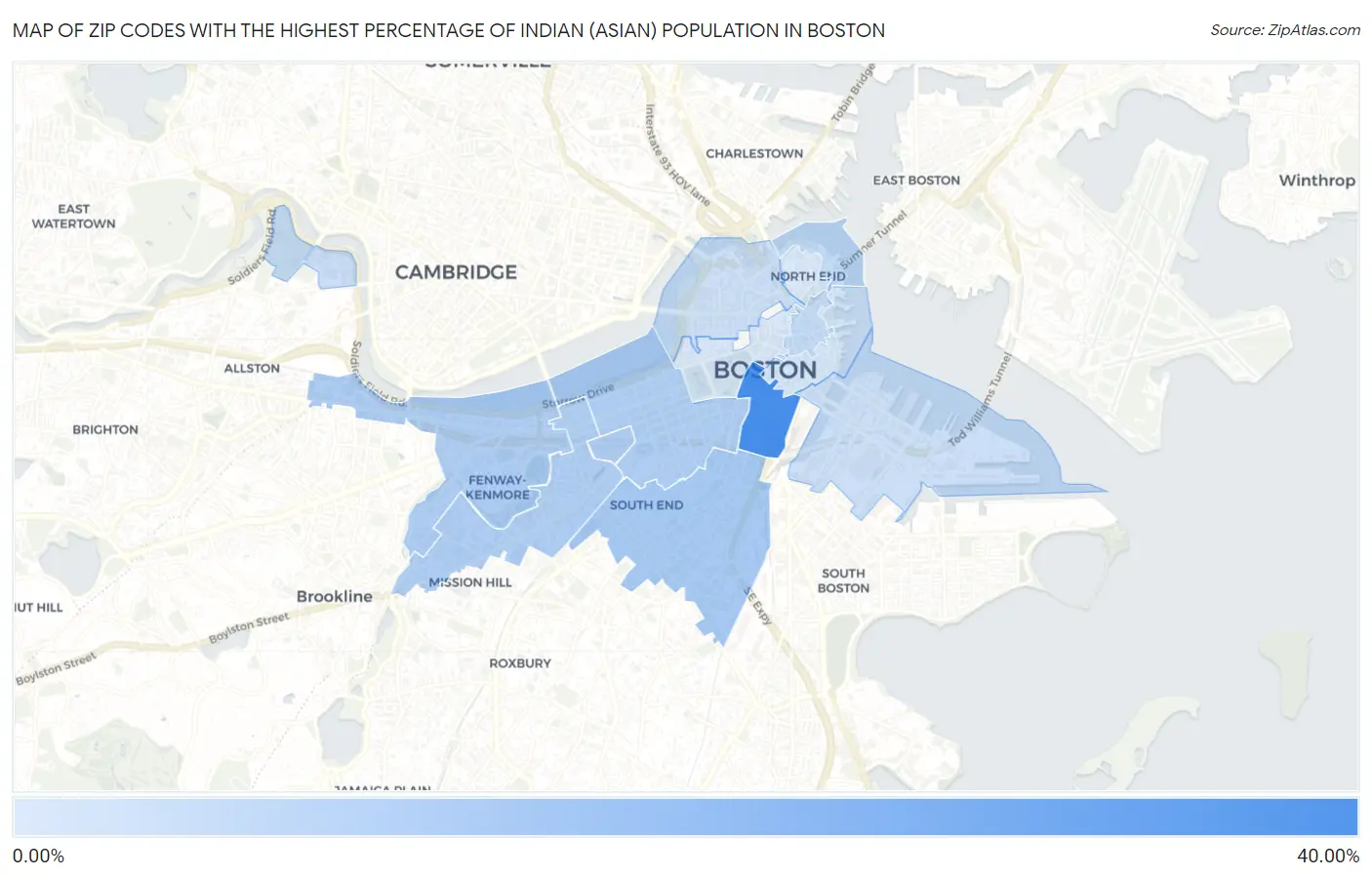 Zip Codes with the Highest Percentage of Indian (Asian) Population in Boston Map