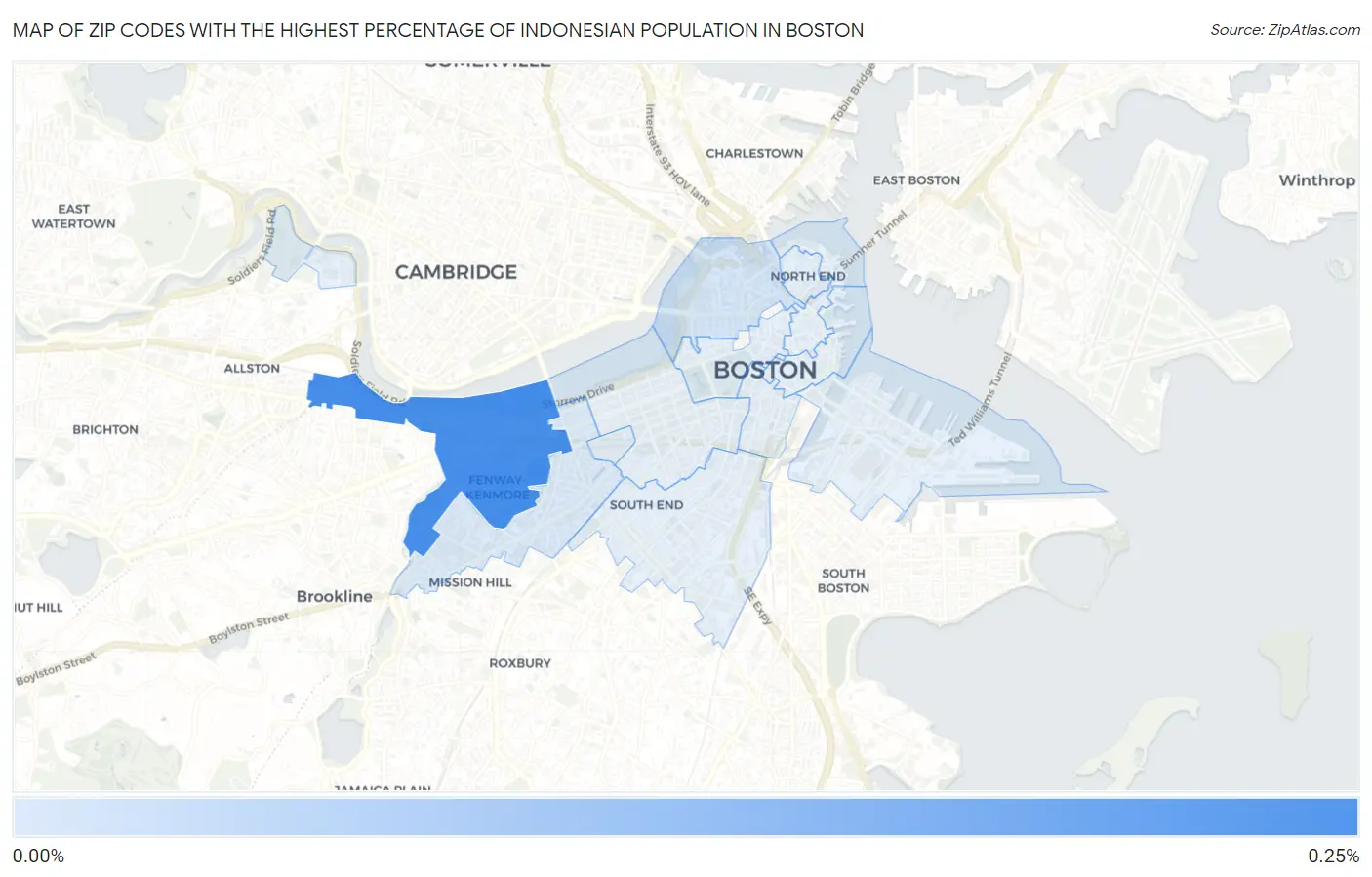 Zip Codes with the Highest Percentage of Indonesian Population in Boston Map