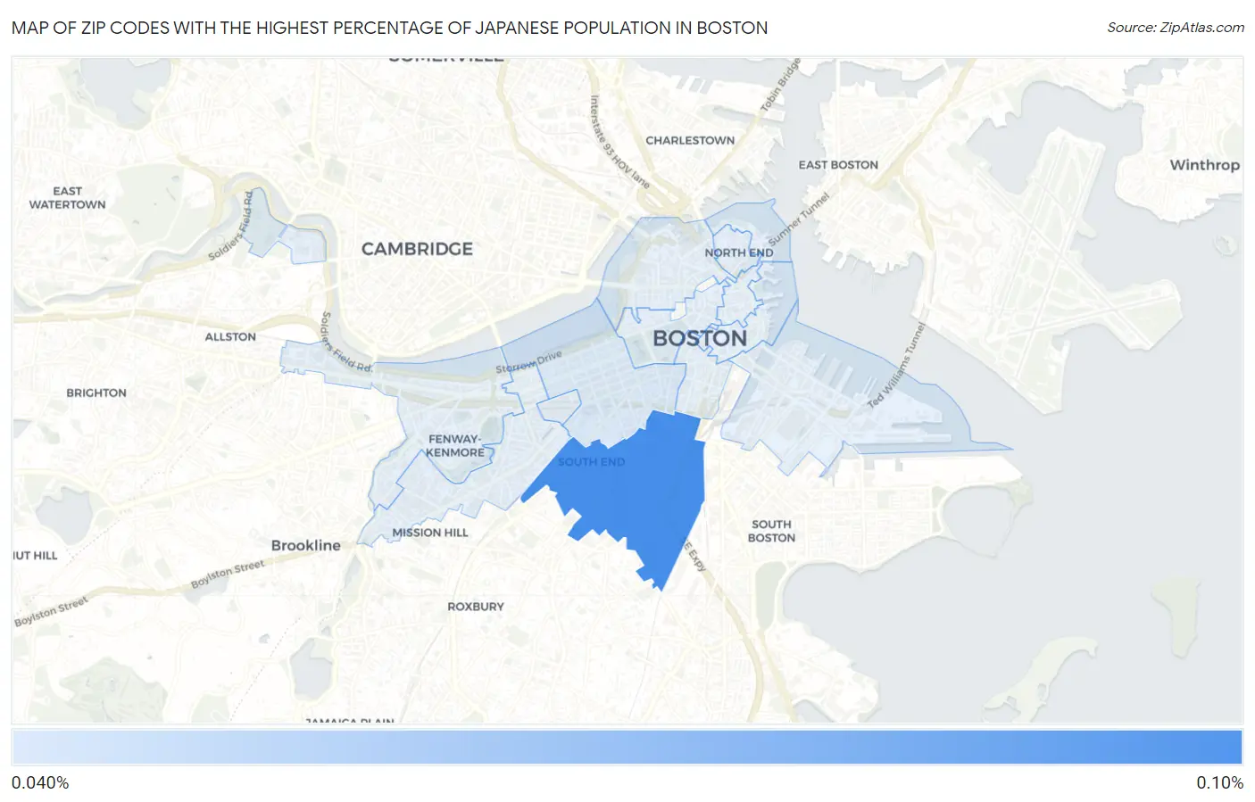 Zip Codes with the Highest Percentage of Japanese Population in Boston Map