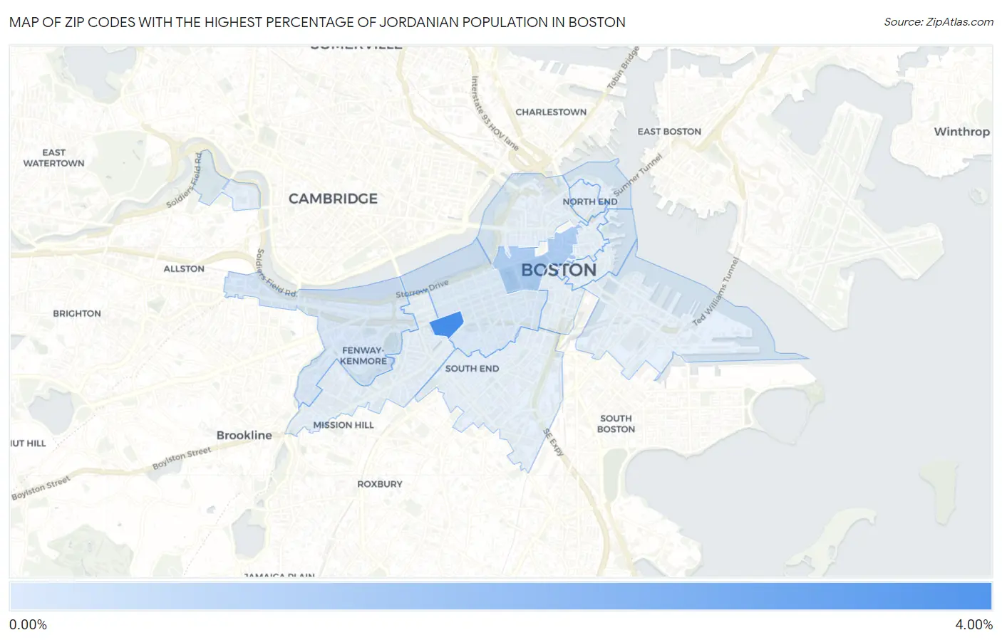 Zip Codes with the Highest Percentage of Jordanian Population in Boston Map