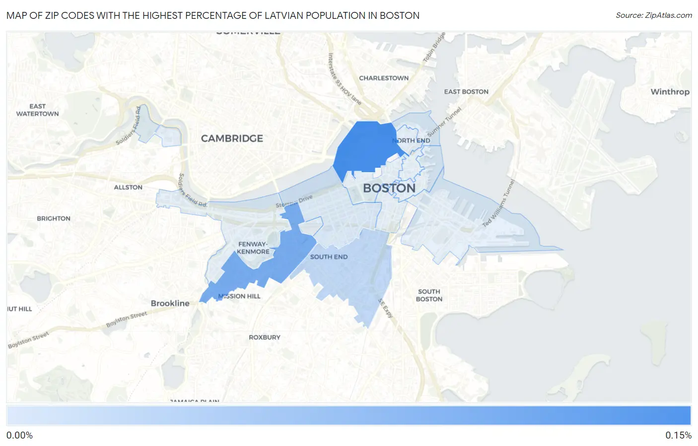 Zip Codes with the Highest Percentage of Latvian Population in Boston Map
