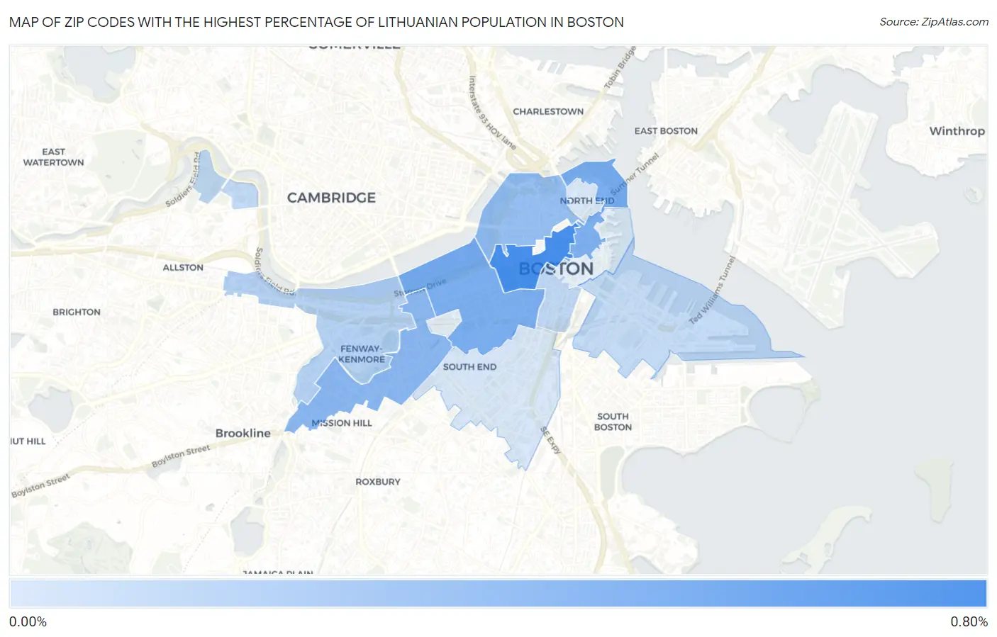 Zip Codes with the Highest Percentage of Lithuanian Population in Boston Map