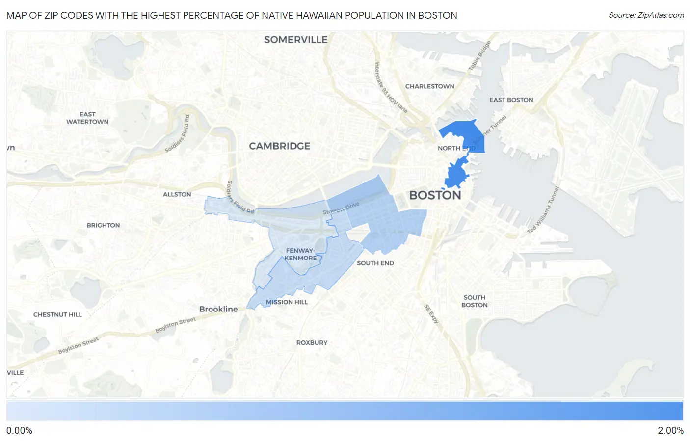 Zip Codes with the Highest Percentage of Native Hawaiian Population in Boston Map