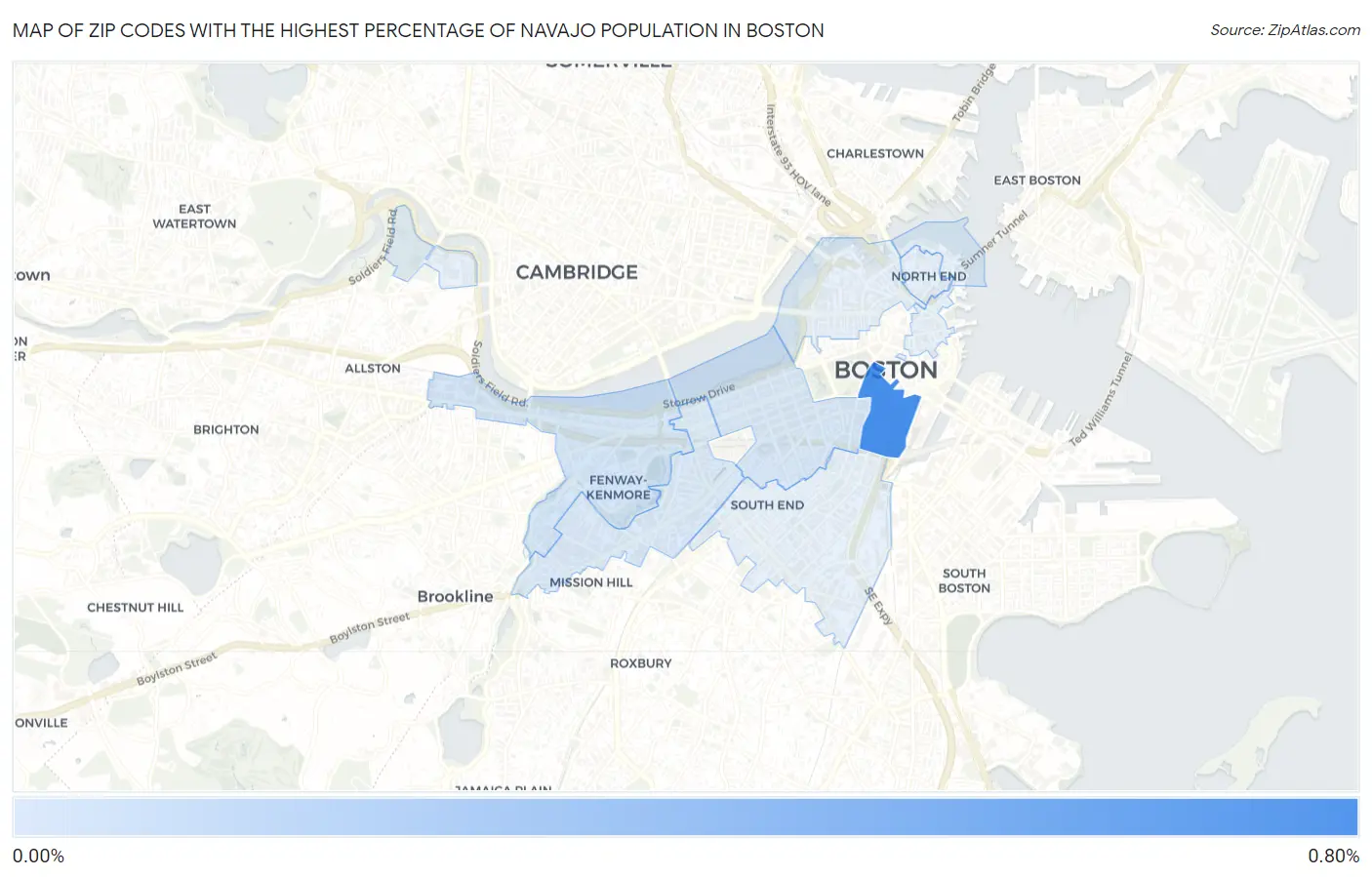 Zip Codes with the Highest Percentage of Navajo Population in Boston Map