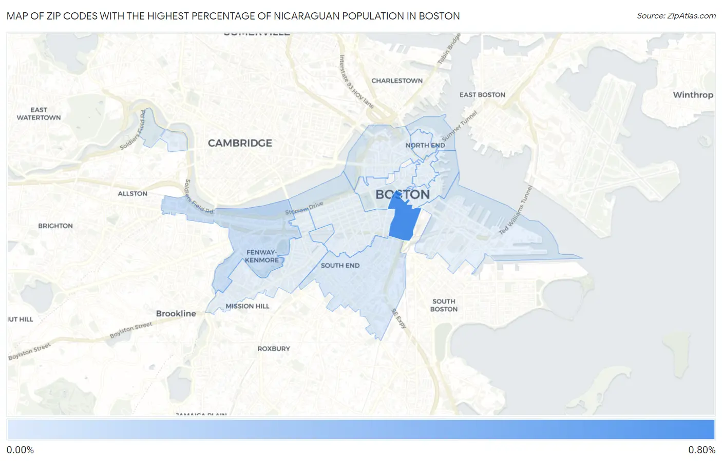 Zip Codes with the Highest Percentage of Nicaraguan Population in Boston Map