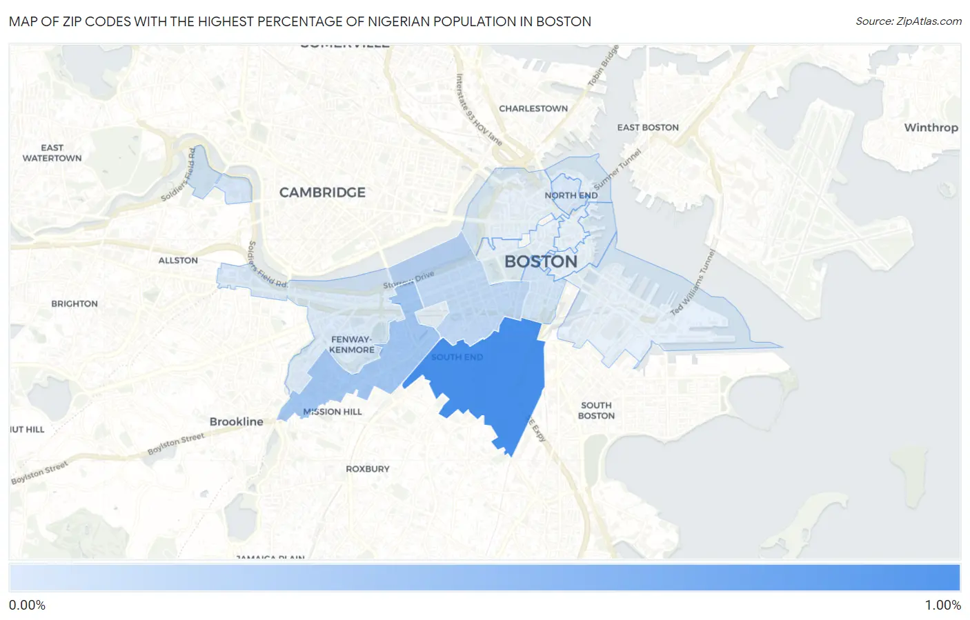 Zip Codes with the Highest Percentage of Nigerian Population in Boston Map