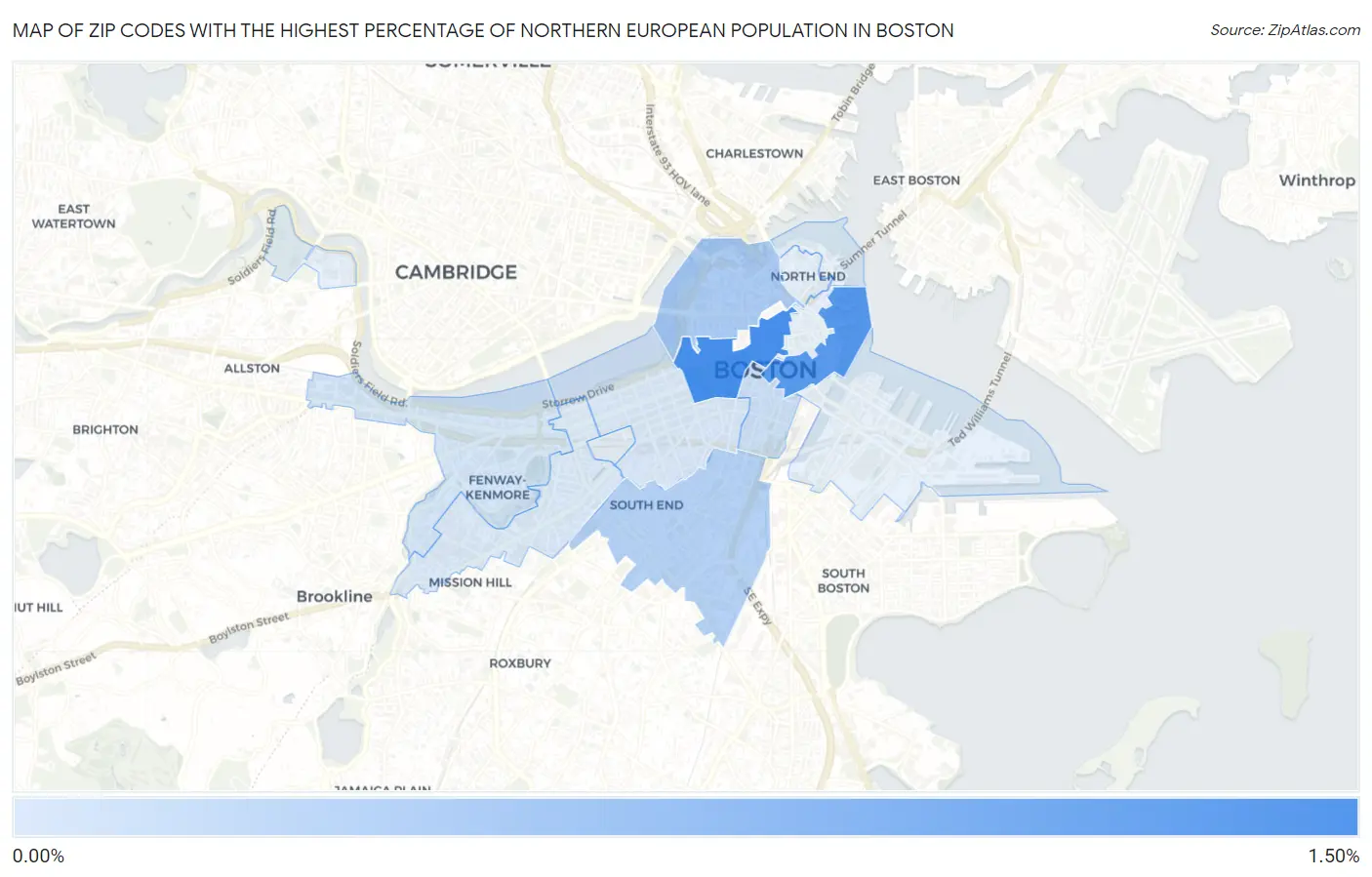 Zip Codes with the Highest Percentage of Northern European Population in Boston Map