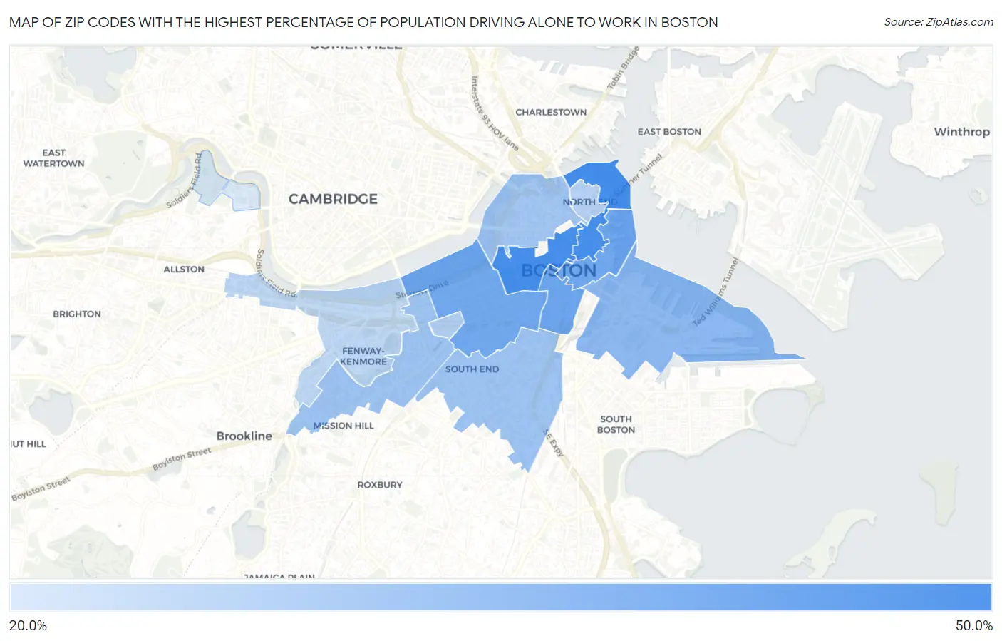 Zip Codes with the Highest Percentage of Population Driving Alone to Work in Boston Map