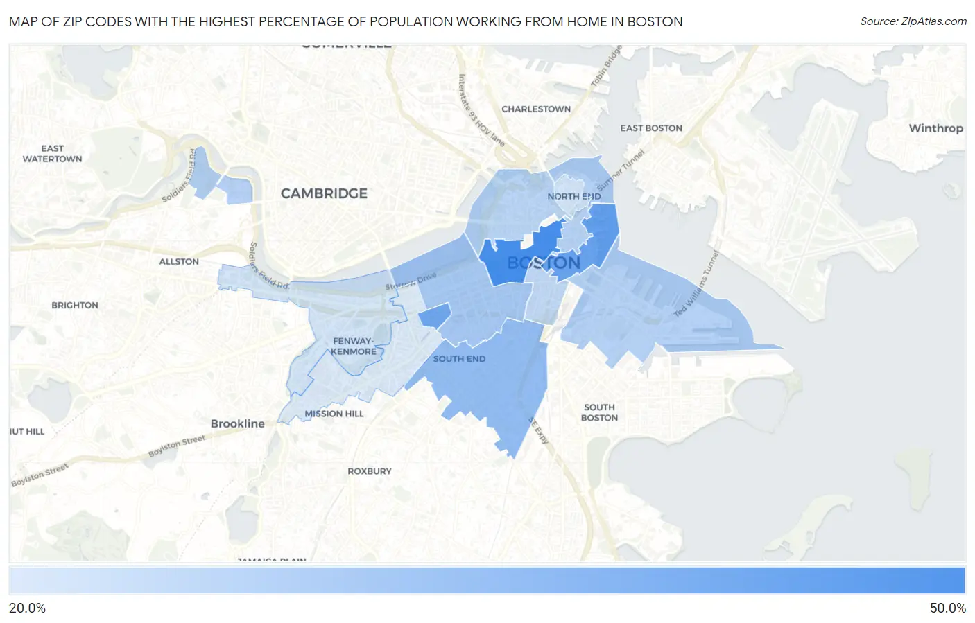 Zip Codes with the Highest Percentage of Population Working from Home in Boston Map