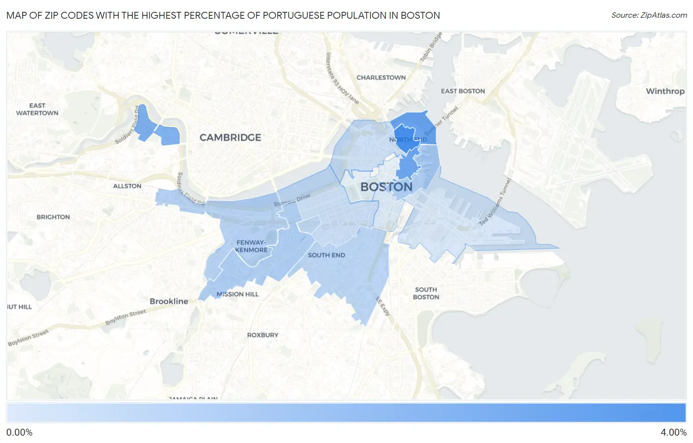 Zip Codes with the Highest Percentage of Portuguese Population in Boston Map