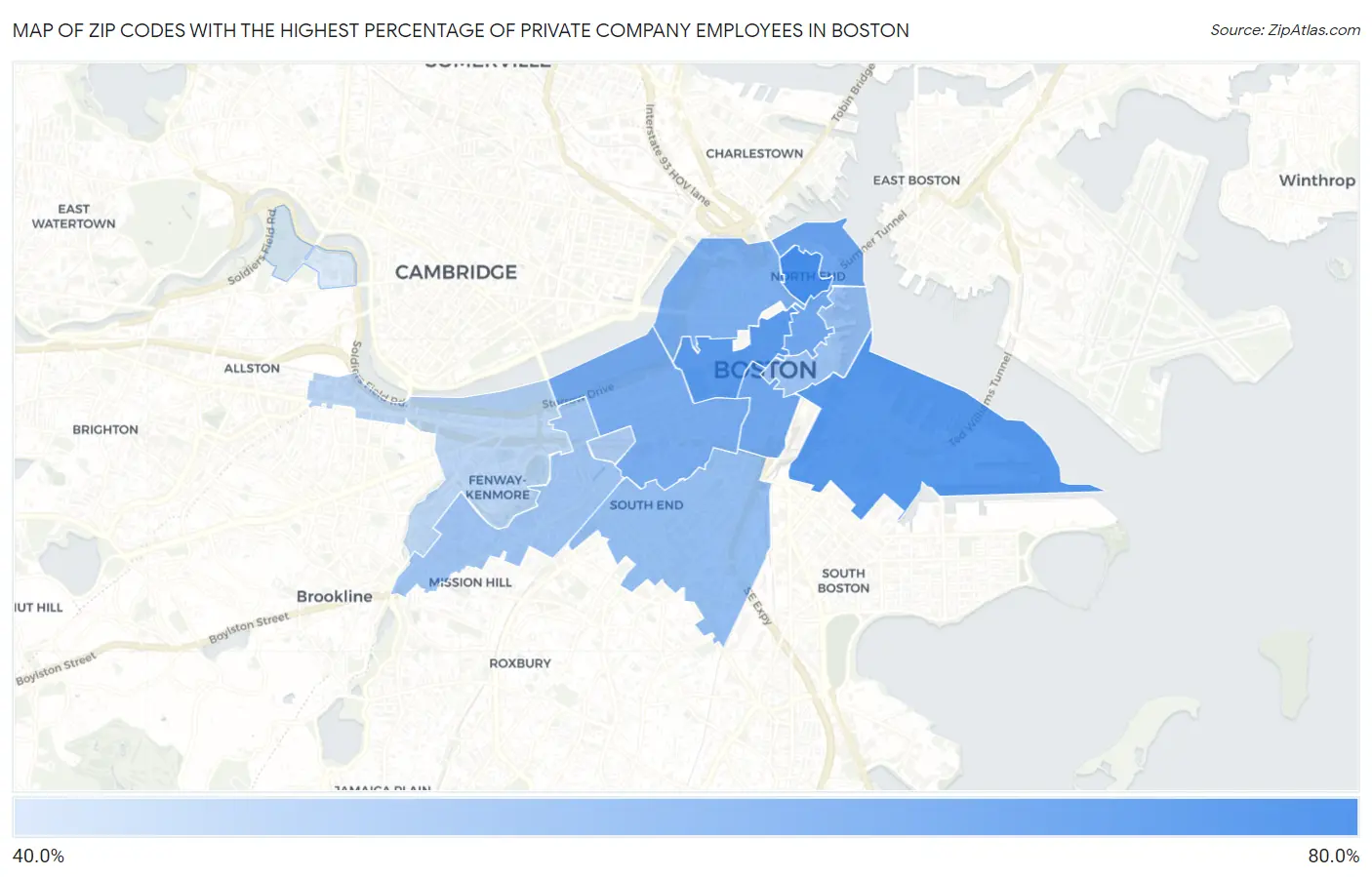 Zip Codes with the Highest Percentage of Private Company Employees in Boston Map