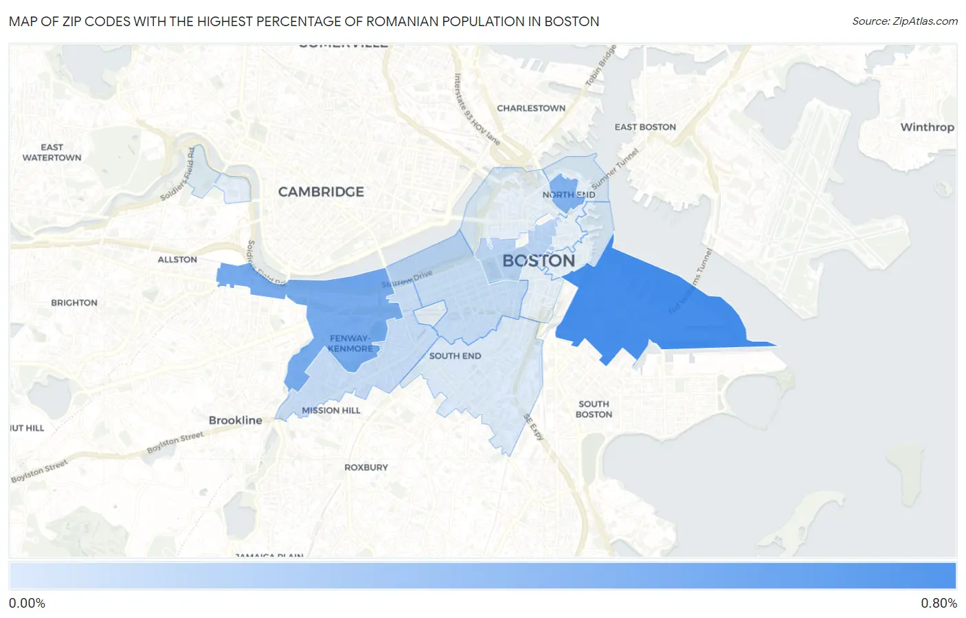 Zip Codes with the Highest Percentage of Romanian Population in Boston Map