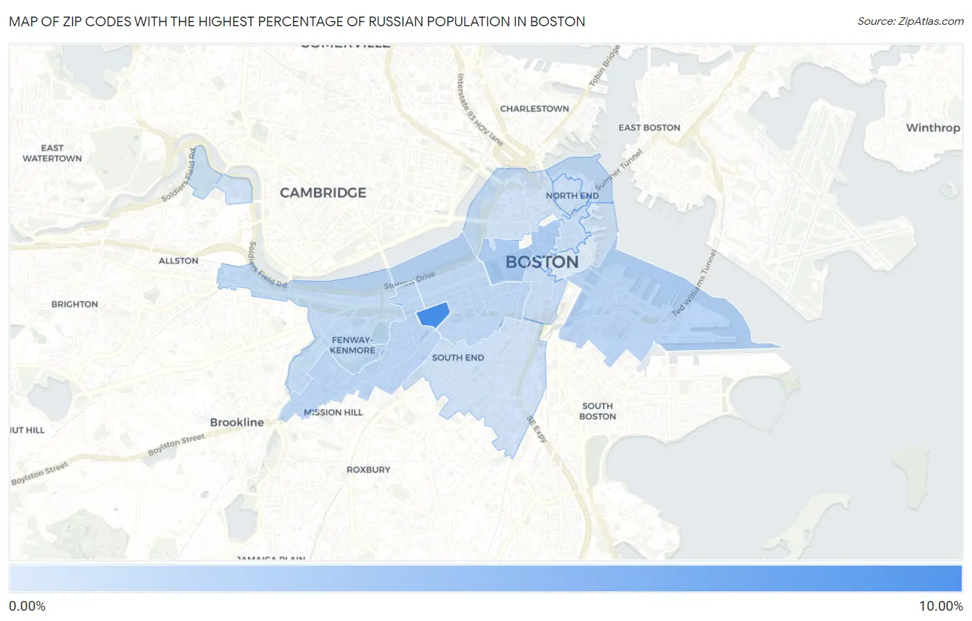 Zip Codes with the Highest Percentage of Russian Population in Boston Map