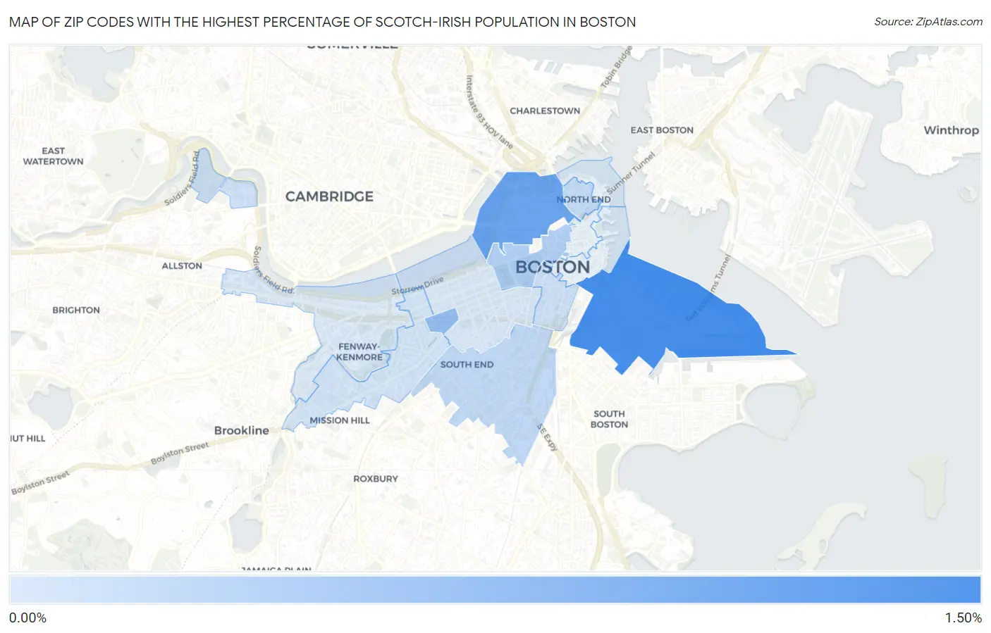 Zip Codes with the Highest Percentage of Scotch-Irish Population in Boston Map