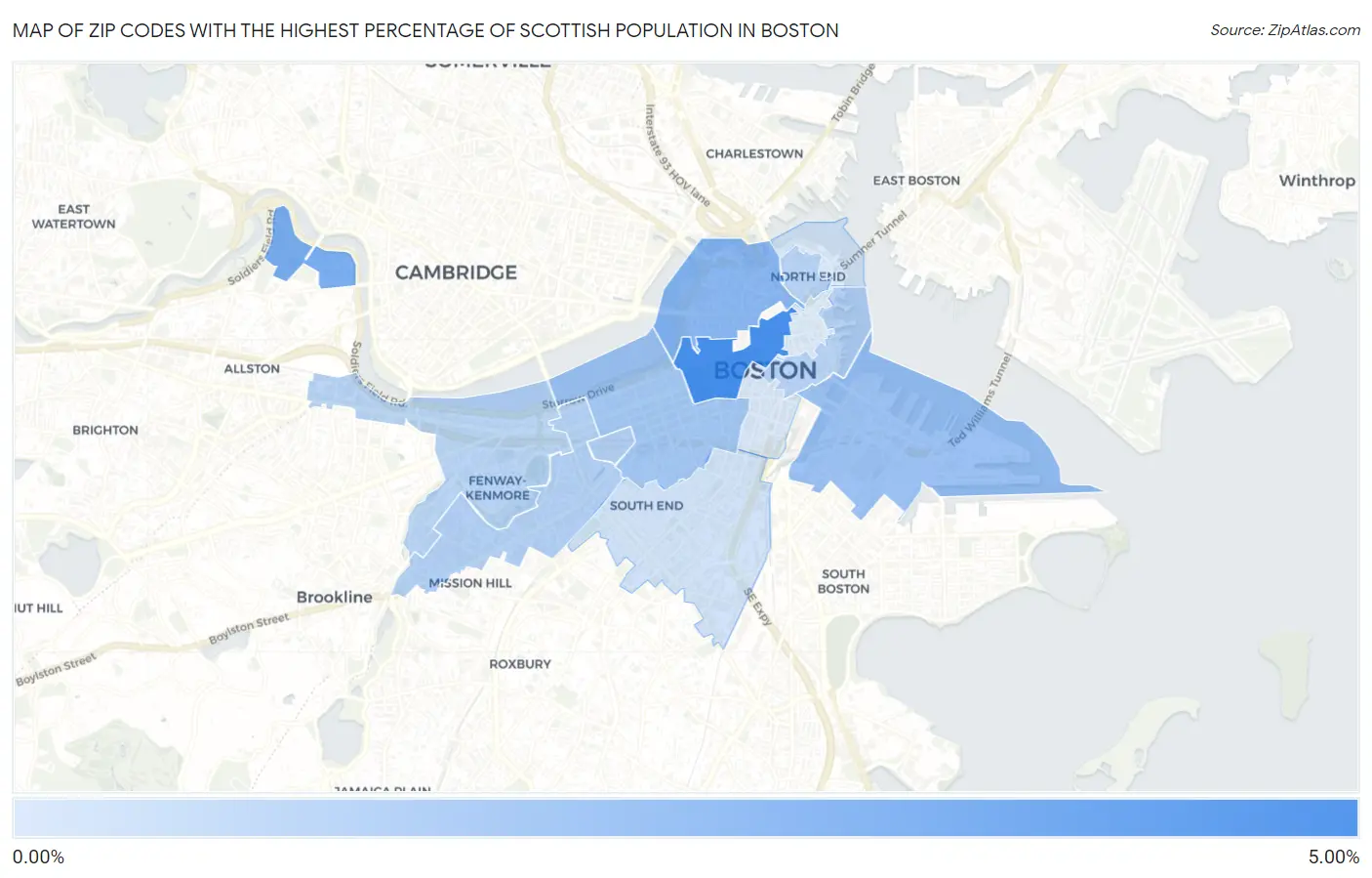 Zip Codes with the Highest Percentage of Scottish Population in Boston Map