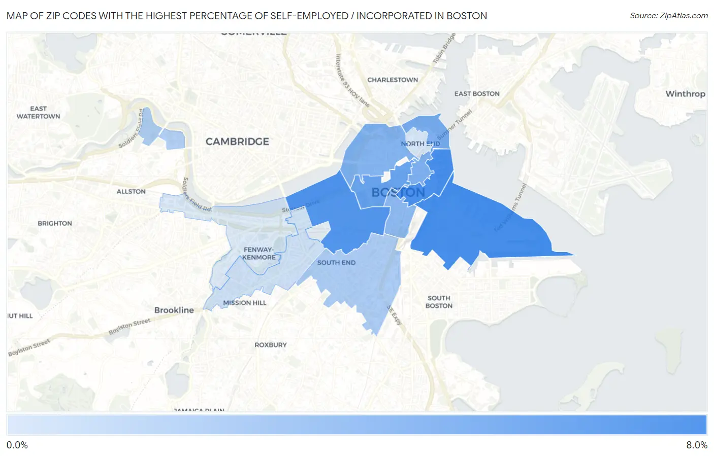 Zip Codes with the Highest Percentage of Self-Employed / Incorporated in Boston Map