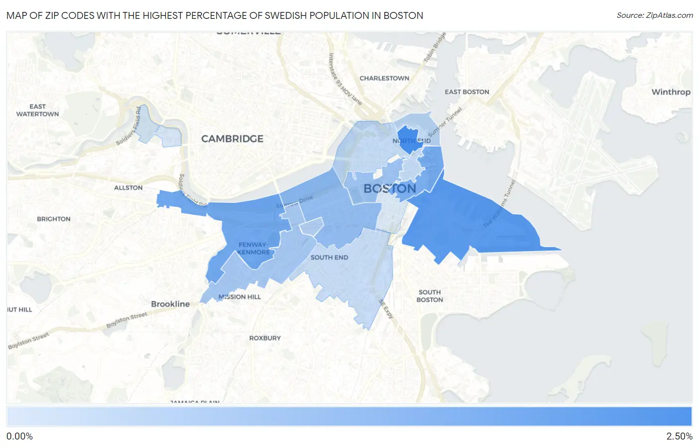 Zip Codes with the Highest Percentage of Swedish Population in Boston Map