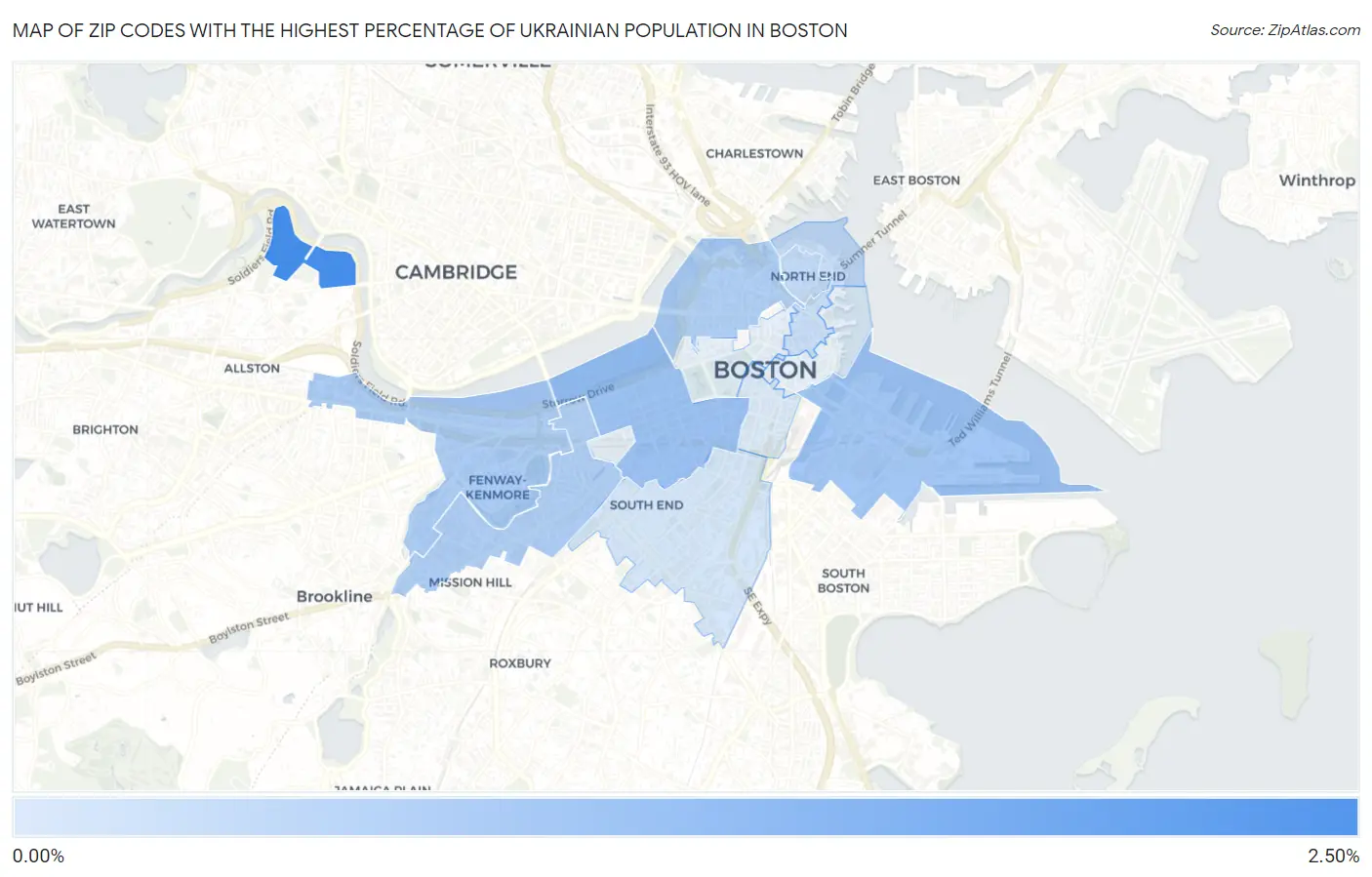 Zip Codes with the Highest Percentage of Ukrainian Population in Boston Map