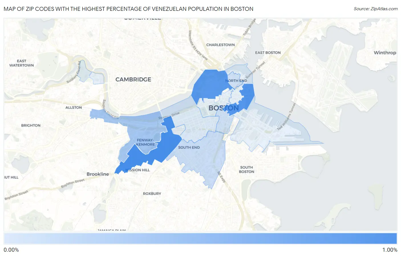 Zip Codes with the Highest Percentage of Venezuelan Population in Boston Map