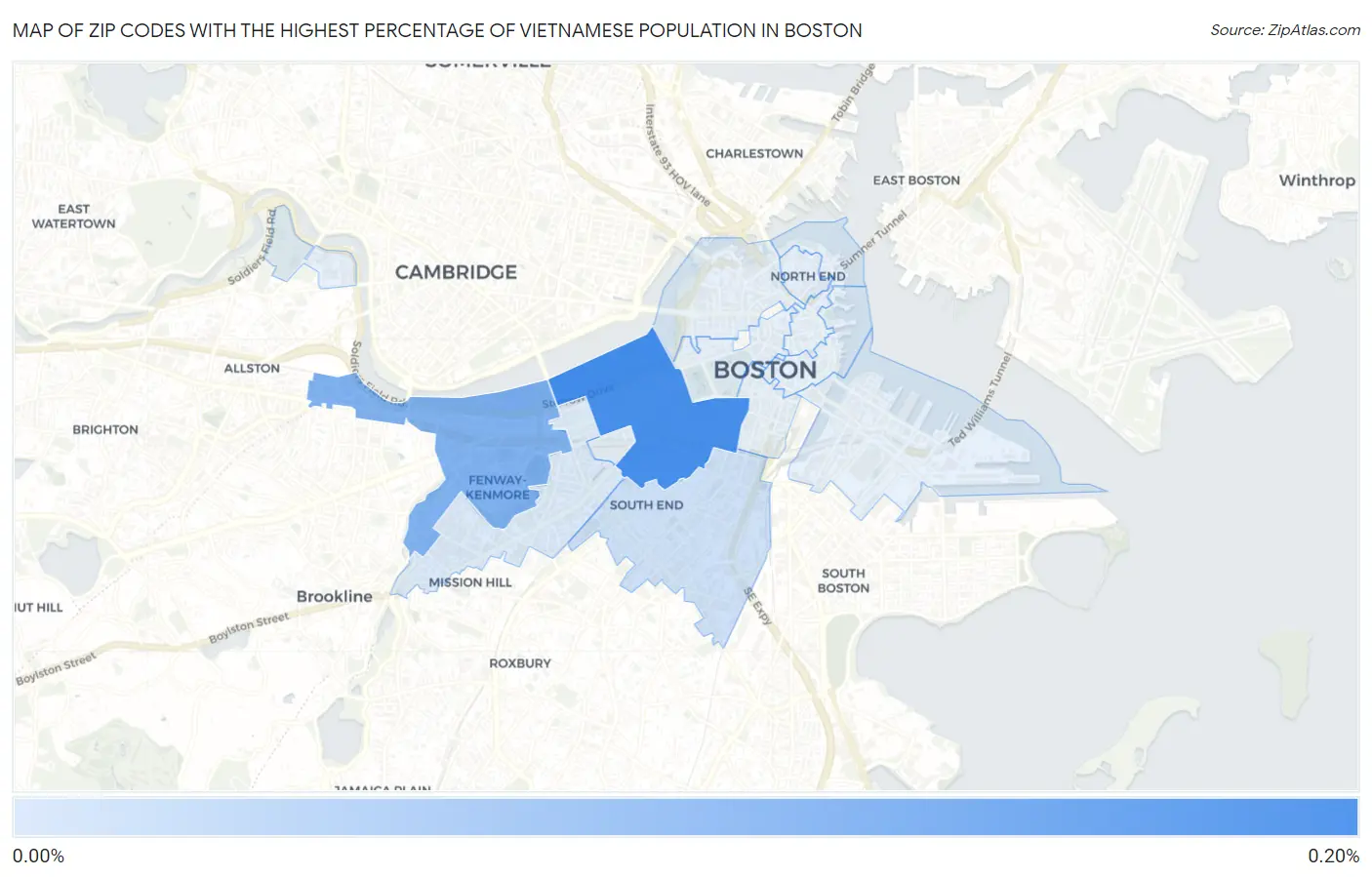 Zip Codes with the Highest Percentage of Vietnamese Population in Boston Map