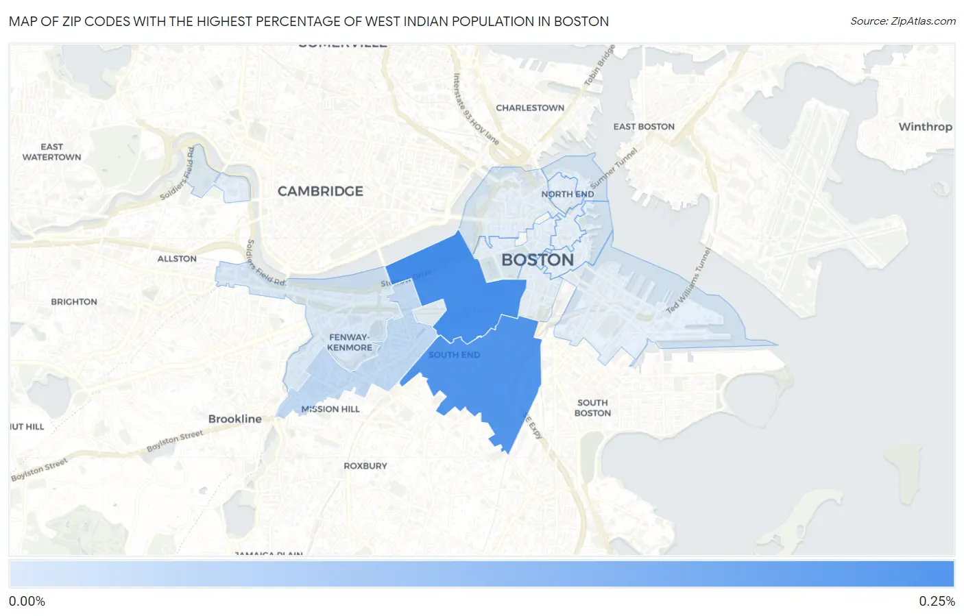 Zip Codes with the Highest Percentage of West Indian Population in Boston Map