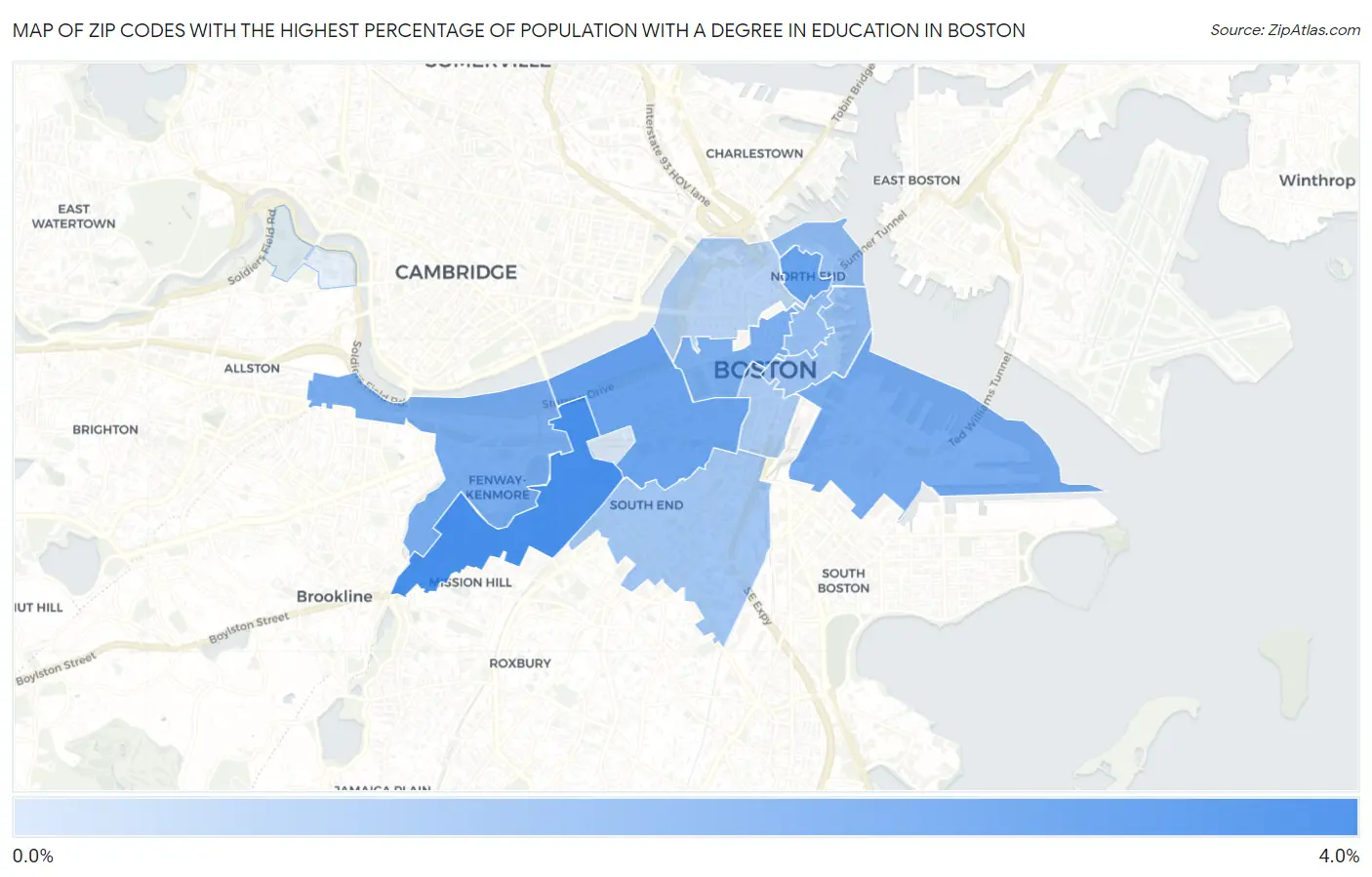 Zip Codes with the Highest Percentage of Population with a Degree in Education in Boston Map