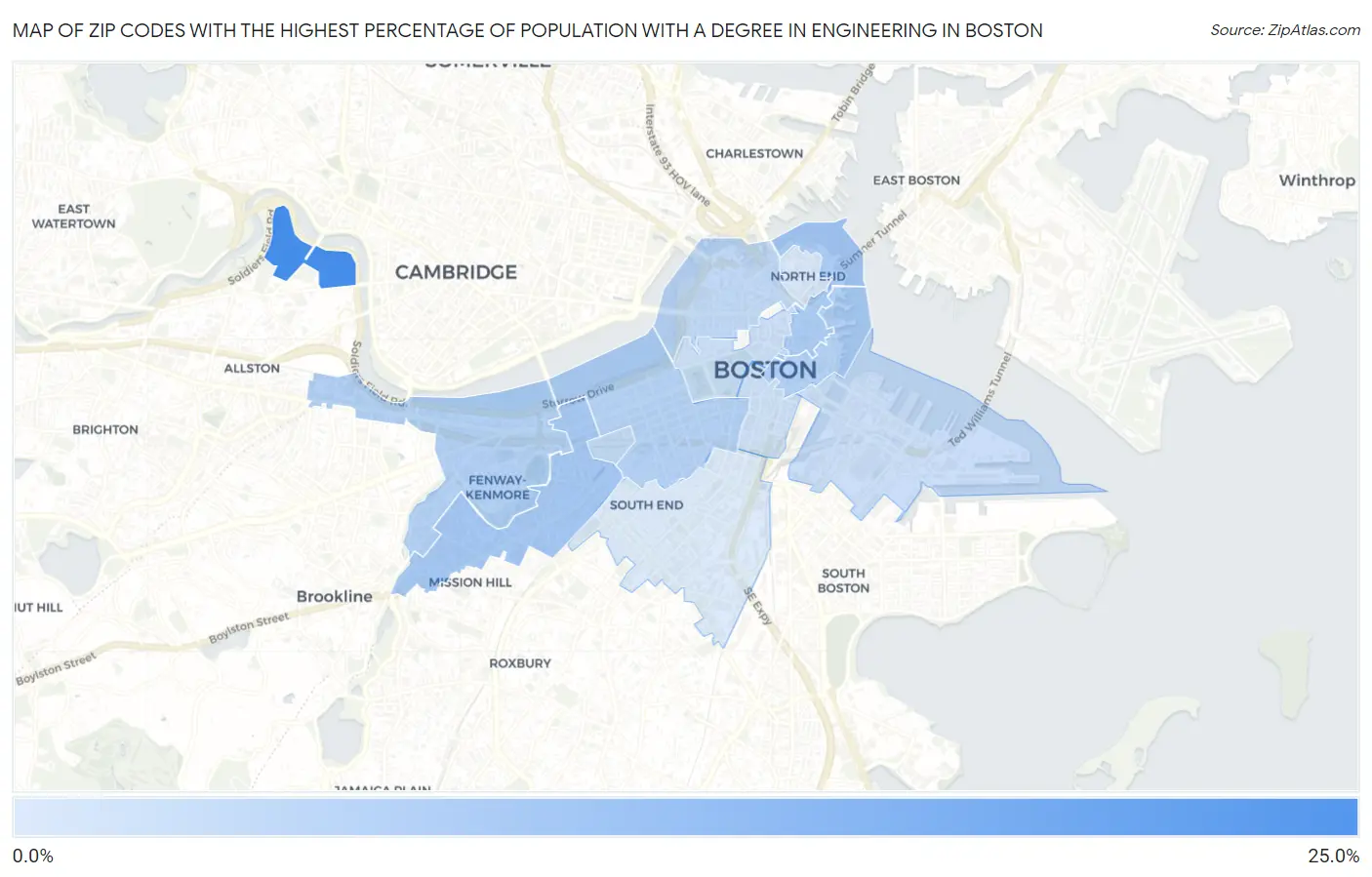 Zip Codes with the Highest Percentage of Population with a Degree in Engineering in Boston Map