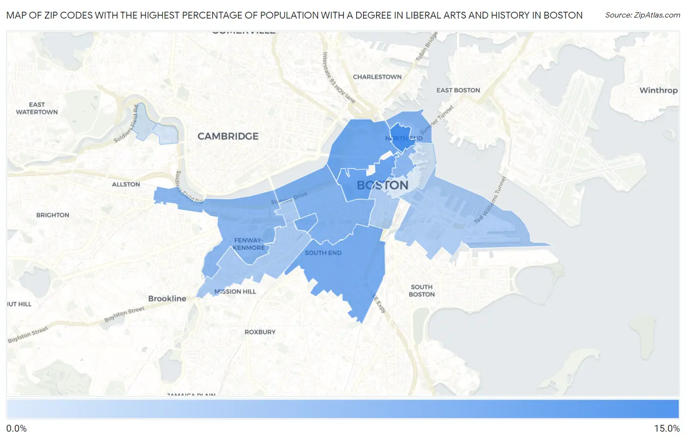 Zip Codes with the Highest Percentage of Population with a Degree in Liberal Arts and History in Boston Map
