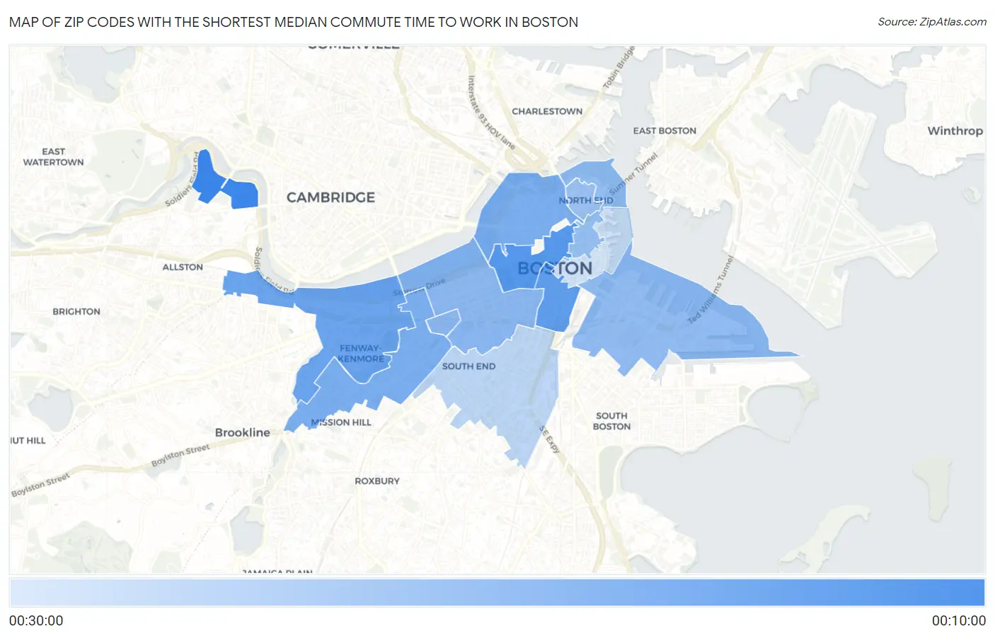 Zip Codes with the Shortest Median Commute Time to Work in Boston Map