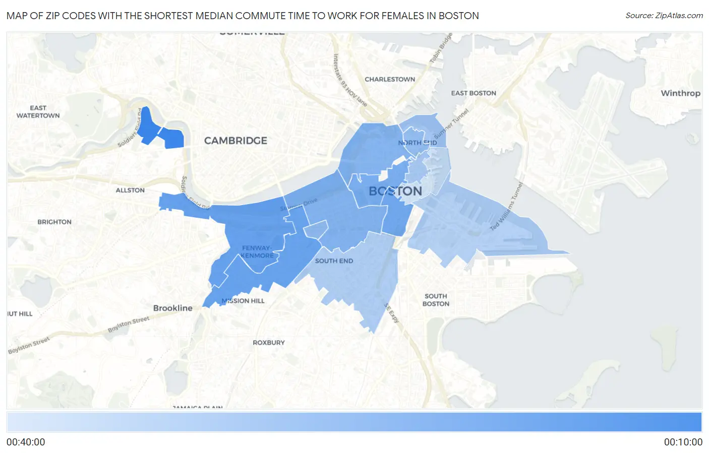 Zip Codes with the Shortest Median Commute Time to Work for Females in Boston Map