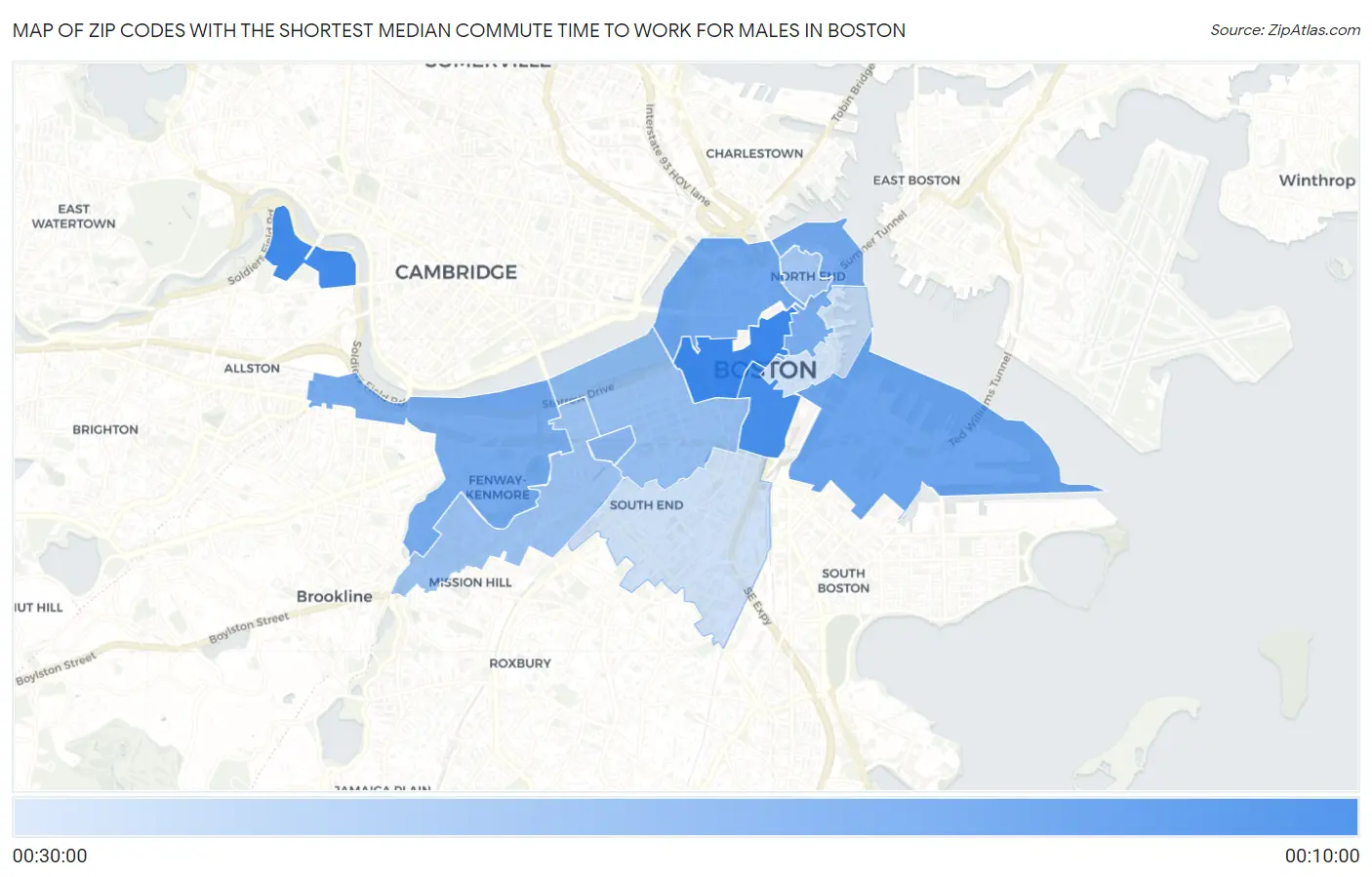 Zip Codes with the Shortest Median Commute Time to Work for Males in Boston Map