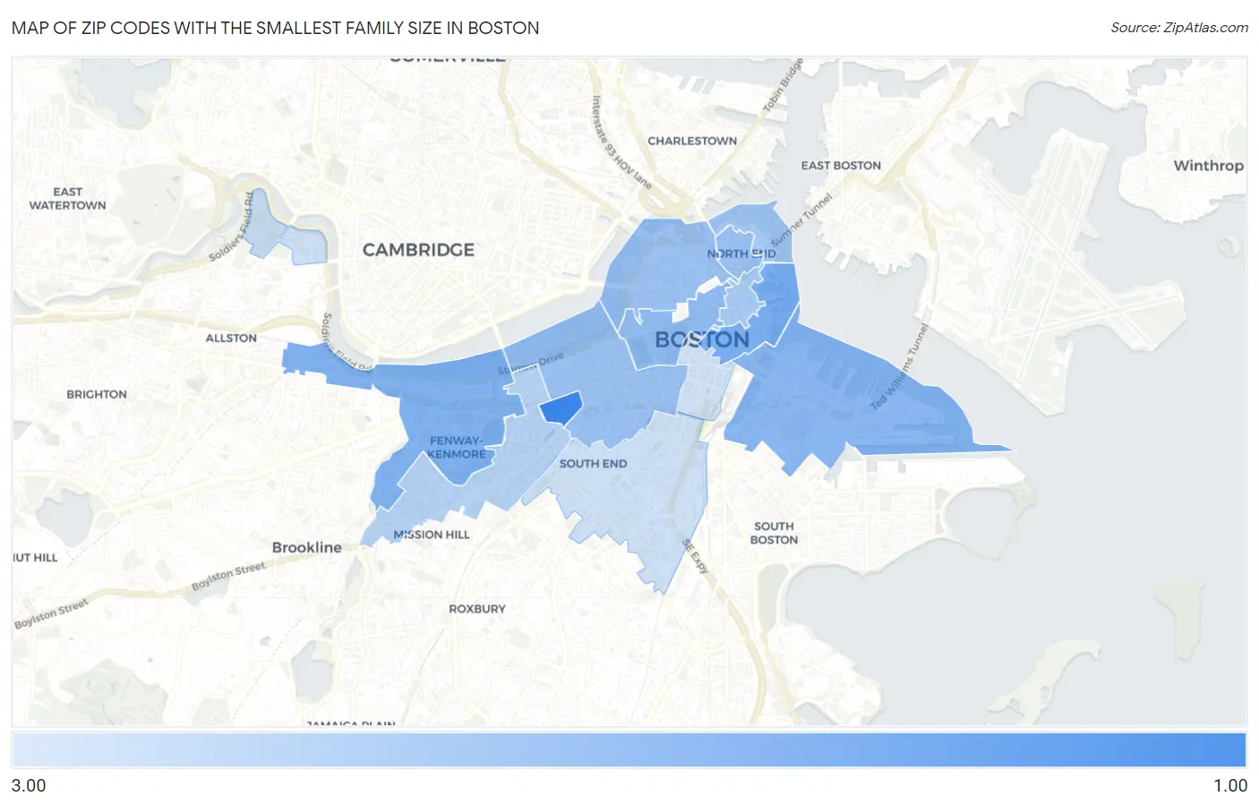Zip Codes with the Smallest Family Size in Boston Map