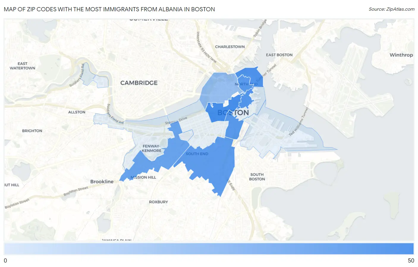 Zip Codes with the Most Immigrants from Albania in Boston Map